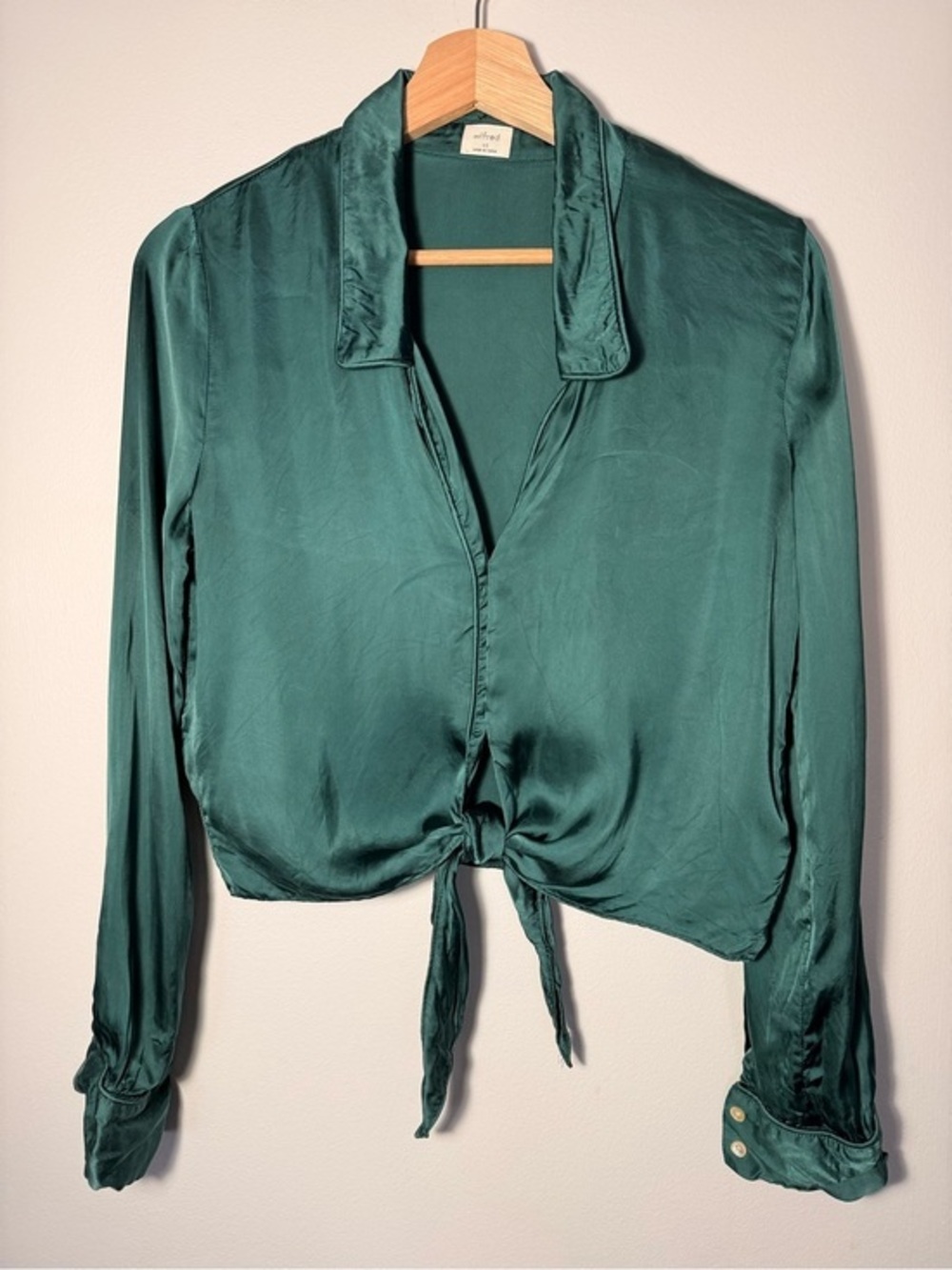 Aritzia Wilfred Tie-Front Satin Blouse Marine Aqua size XS